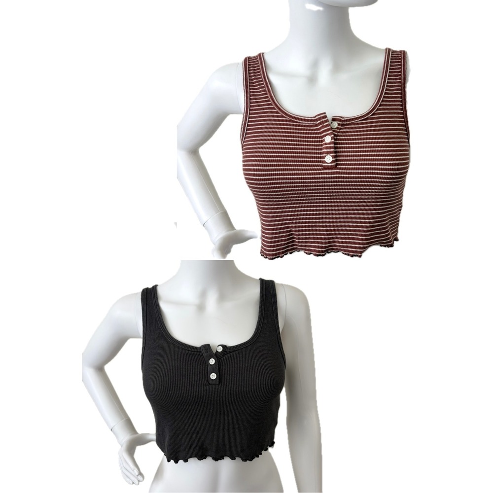 Lot of 2 American Eagle Ribbed Henley Crop Tank‎ Top Small Black & Rust Striped